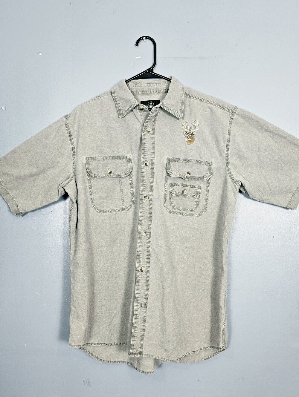 RedHead Short-Sleeve Button-Down Shirt in Taupe with Deer Patch Gray